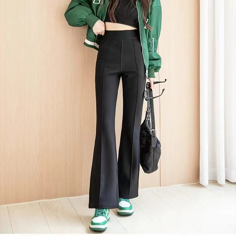 加绒加厚高腰微喇小黑裤女秋冬季小个子显瘦喇叭裤微喇马蹄裤2313