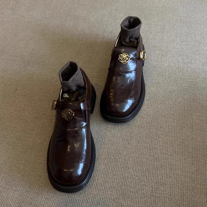 羊皮版！复古风乐福鞋深棕色圆头山茶花粗跟单鞋一脚蹬百搭小皮鞋