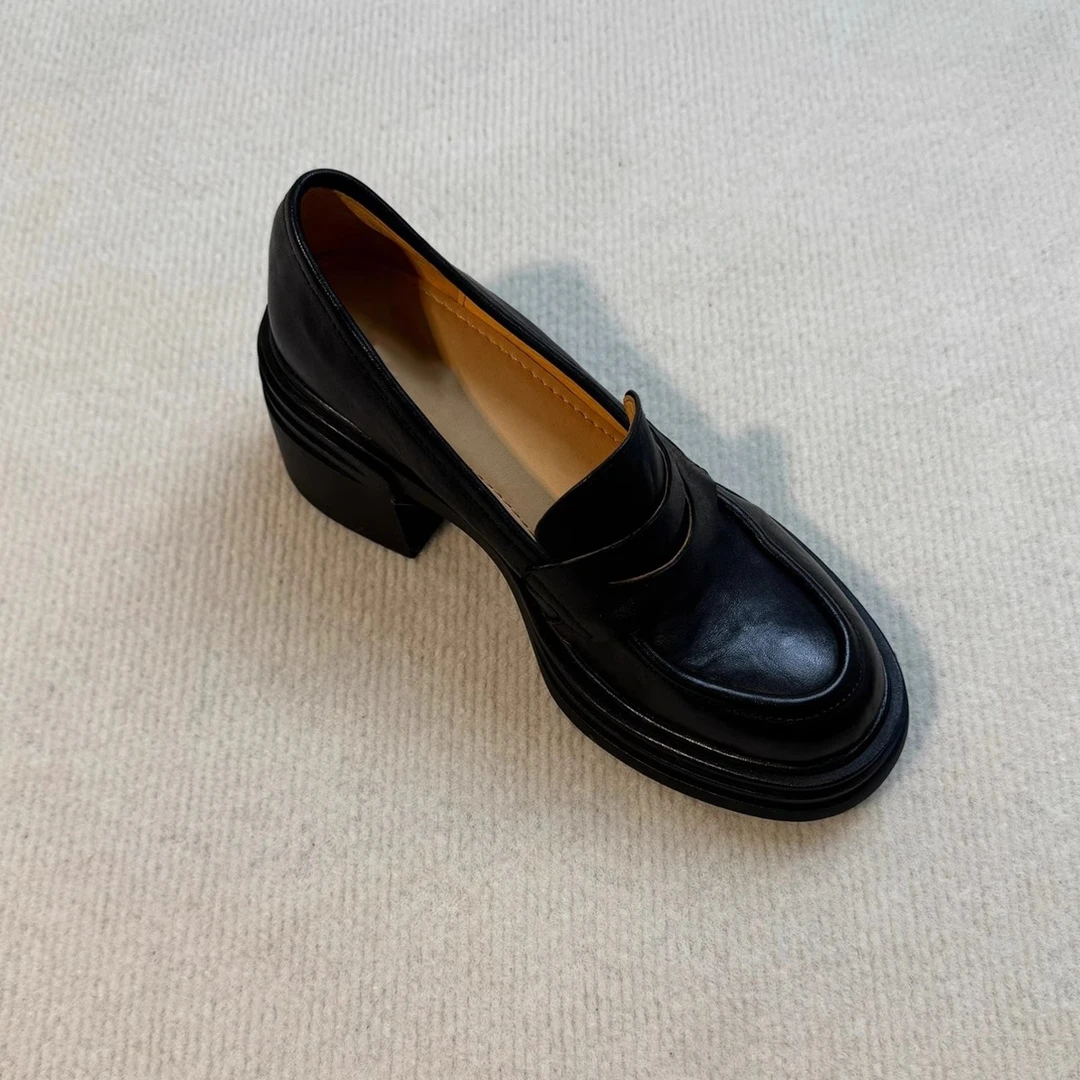 牛皮版~厚底乐福鞋复古小个子增高单鞋女一脚蹬学院风粗跟小皮鞋