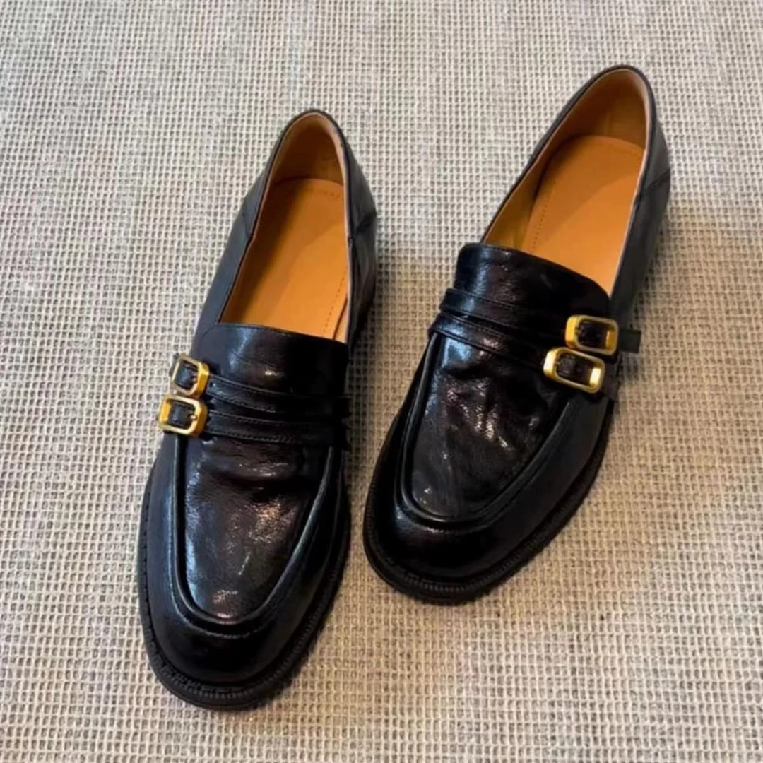 法式复古皮带扣厚底乐福鞋2024年粗跟单鞋英伦学院风黑色小皮鞋女