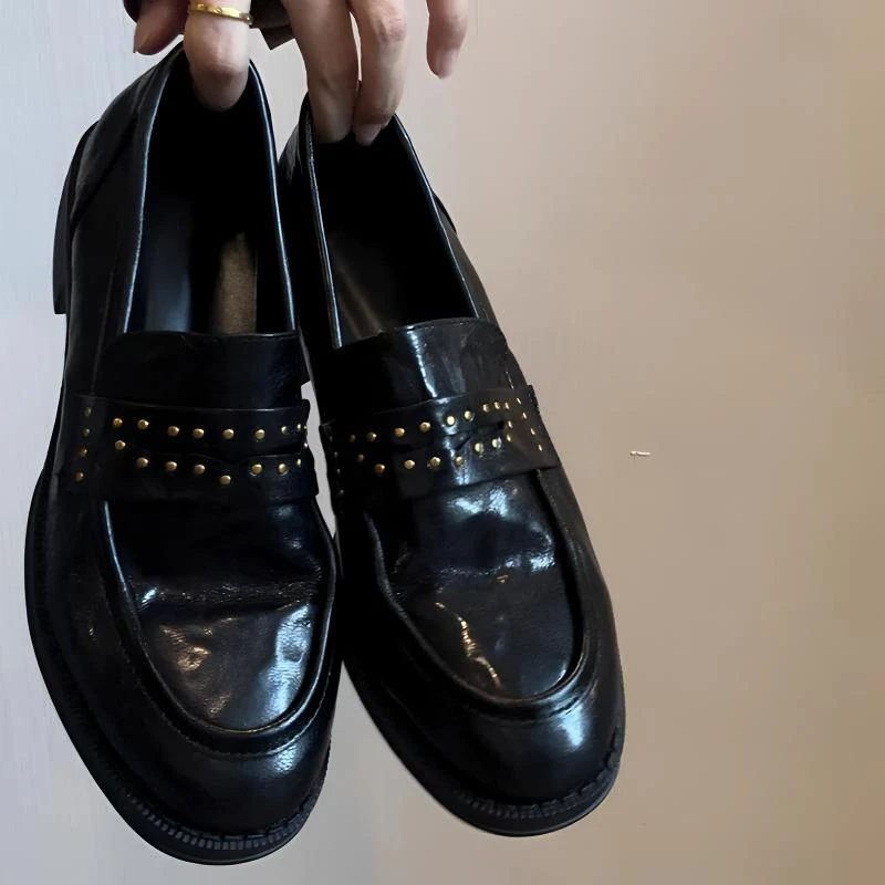 羊皮版！厚底乐福鞋英伦风圆头铆钉粗跟单鞋一脚蹬百搭黑色小皮鞋