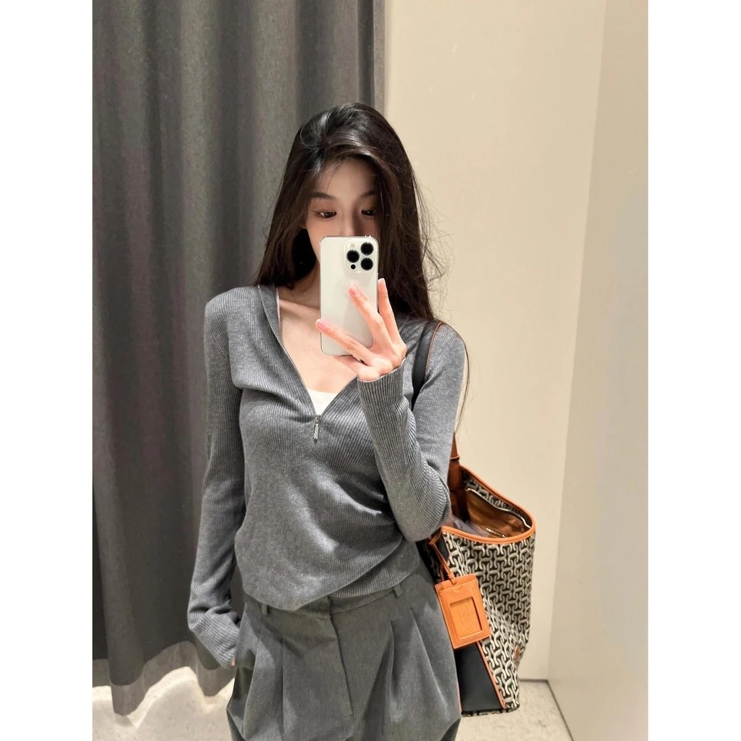 灰色针织衫打底上衣女竖条肌理显瘦半拉链帽衫秋冬-2595