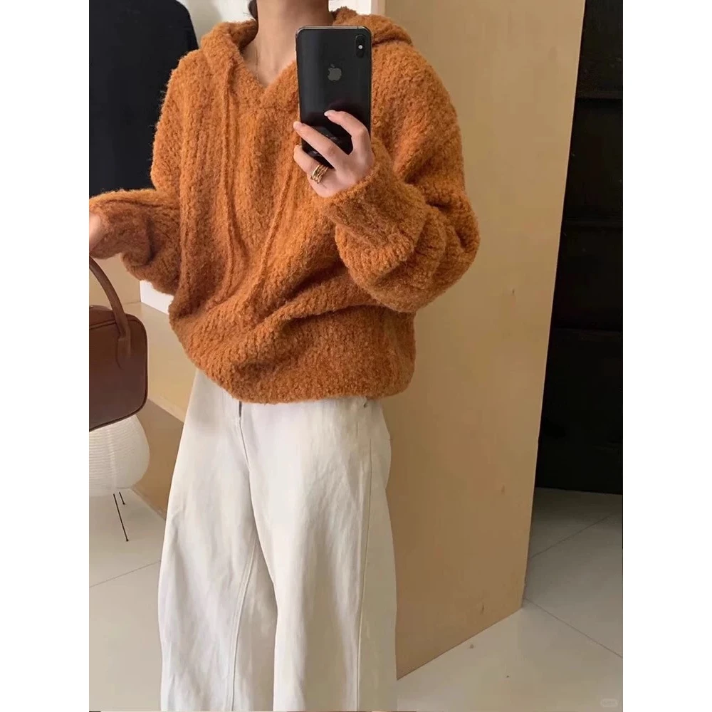 2025新款慵懒高级感连帽毛衣女秋冬软糯外穿毛茸茸针织上衣2810