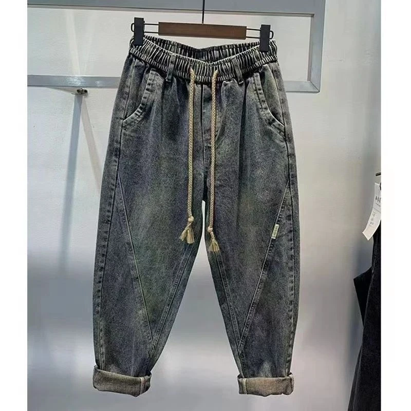 春秋新款做旧复古牛仔裤男士宽松痞帅直筒裤系绳小脚休闲哈伦裤潮