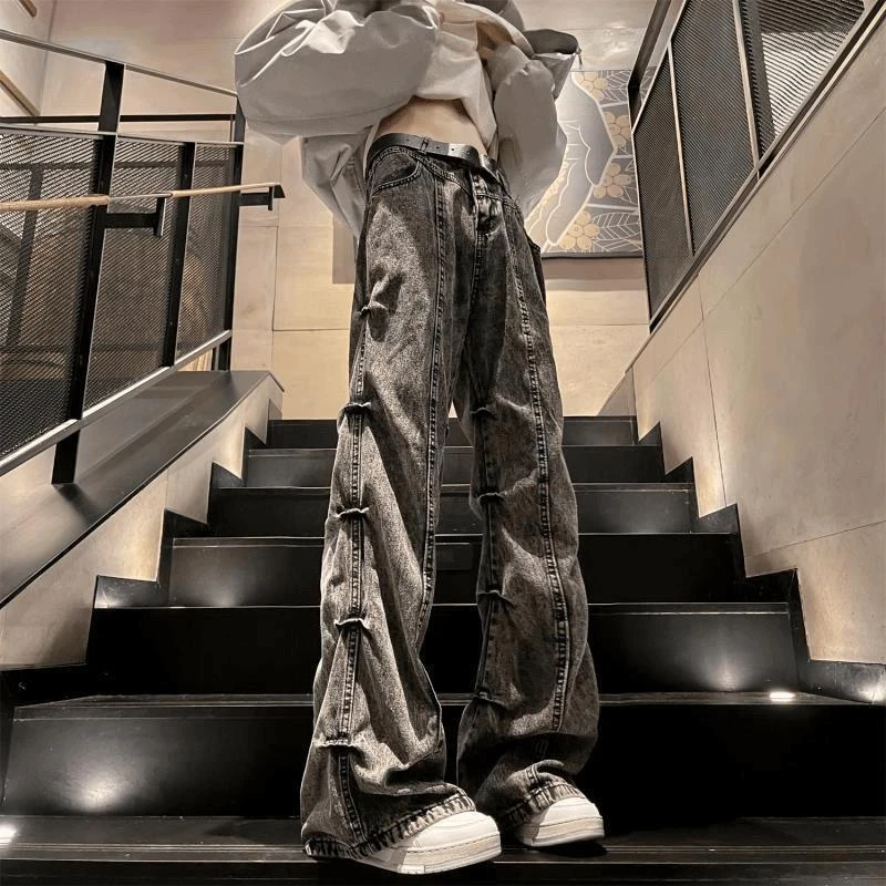 2024高街战损废土风美式复古做旧牛仔裤男小众设计感褶皱微喇叭裤