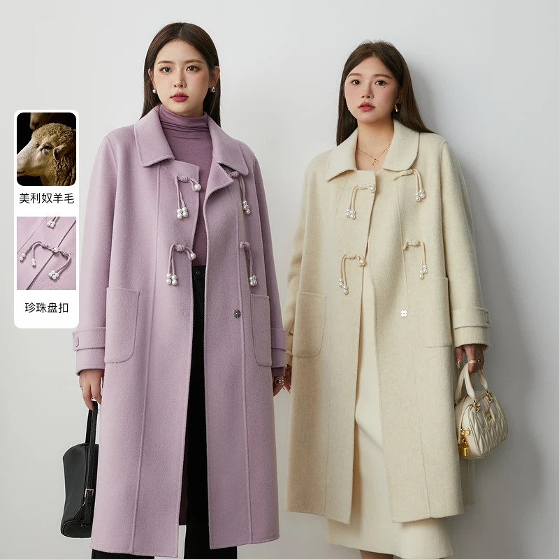 蓝语大码女装新中式盘扣双面呢大衣冬季羊毛呢子外套R3DD00140