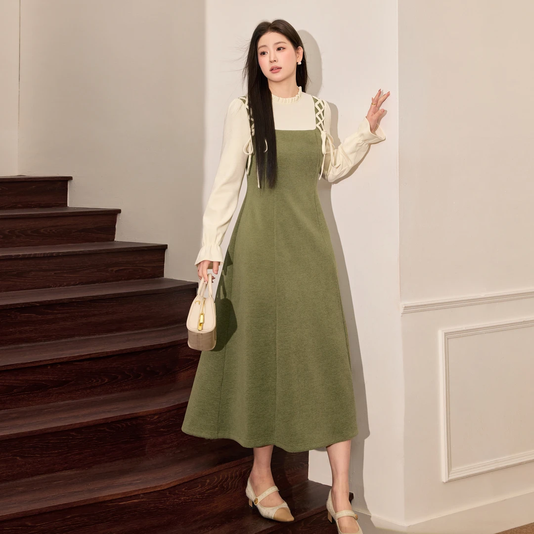 蓝语大码胖mm法式复古假两件收腰连衣裙2025春季显瘦漂亮打底长裙