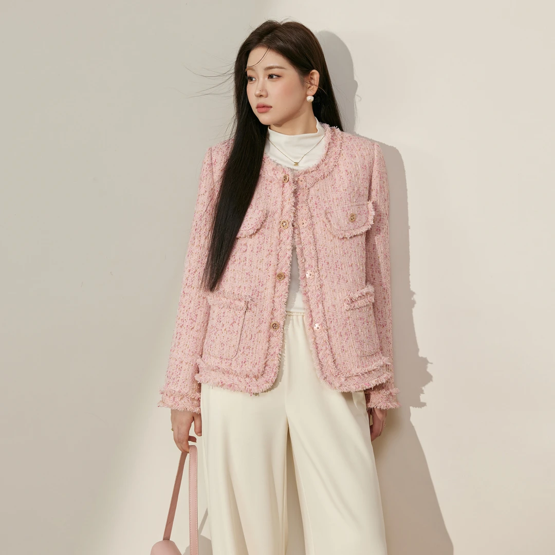 蓝语大码女装粉色小香风宽松毛边外套2025秋季微胖mm显瘦气质上衣