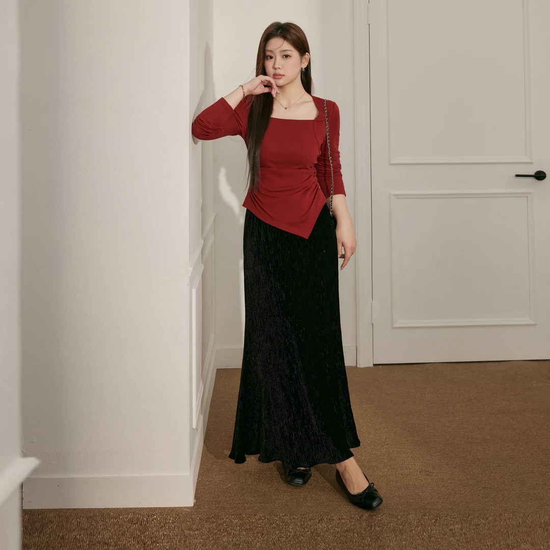 蓝语大码胖mm安可拉红掐腰打底上衣鱼尾半身裙春季显瘦一整套穿搭