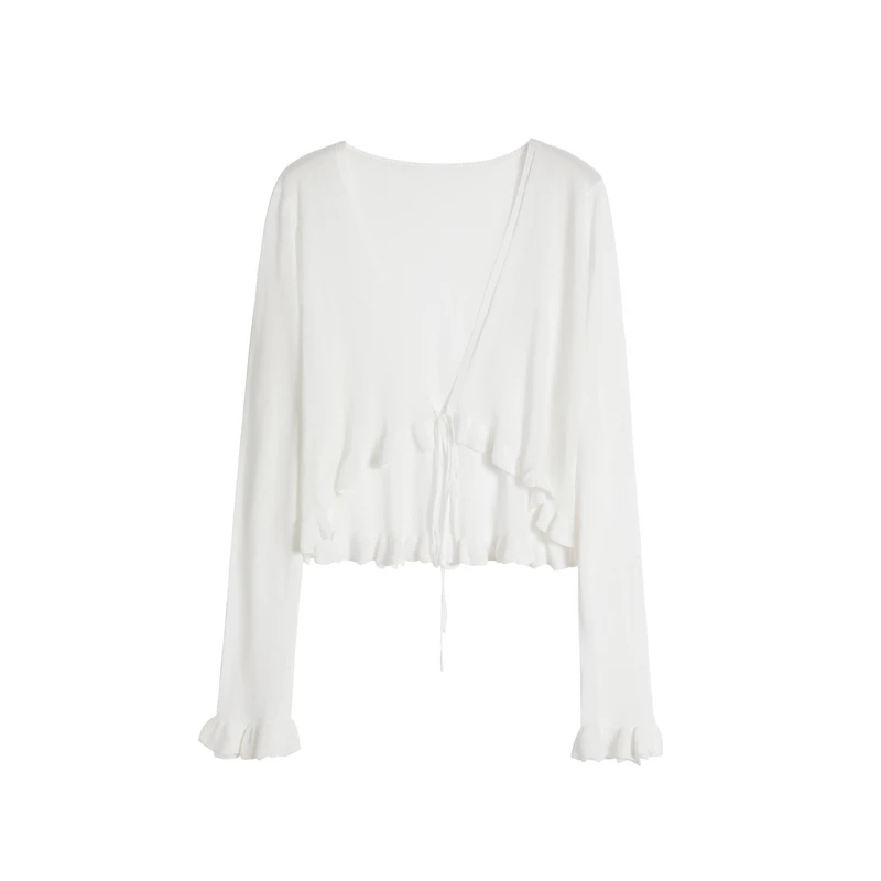 蓝语大码女装胖mm温柔风v领系带荷叶边针织开衫夏季显瘦薄款外套