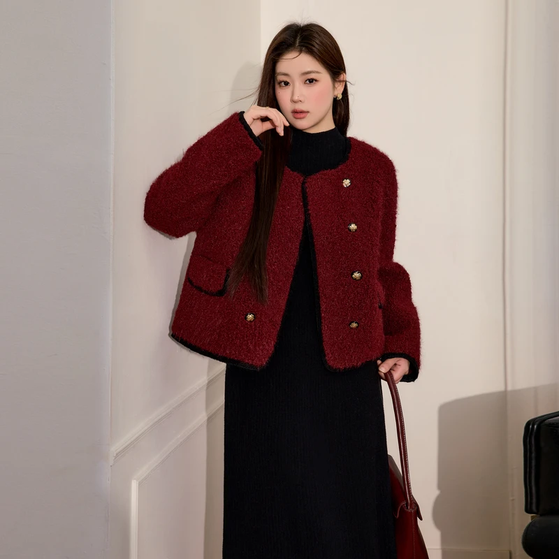 蓝语大码微胖mm小香风红色羊羔毛保暖外套2025冬季仿皮毛一体上衣