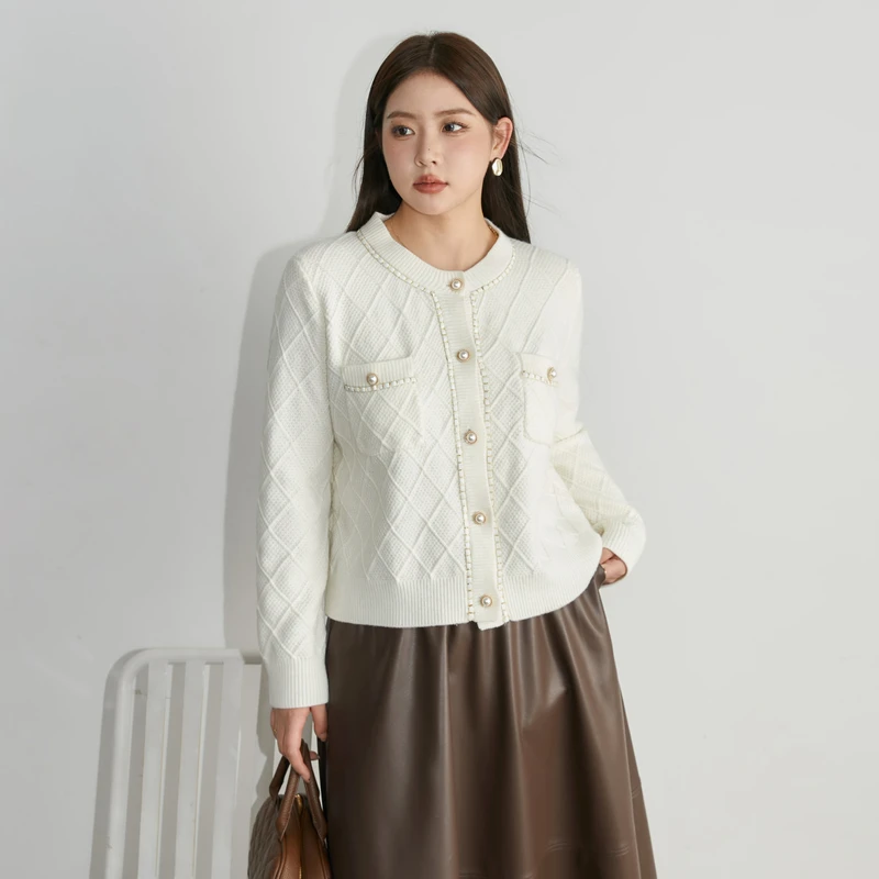 蓝语大码女装小香风圆领软糯针织衫百搭长袖毛衣外套R3DZ03320