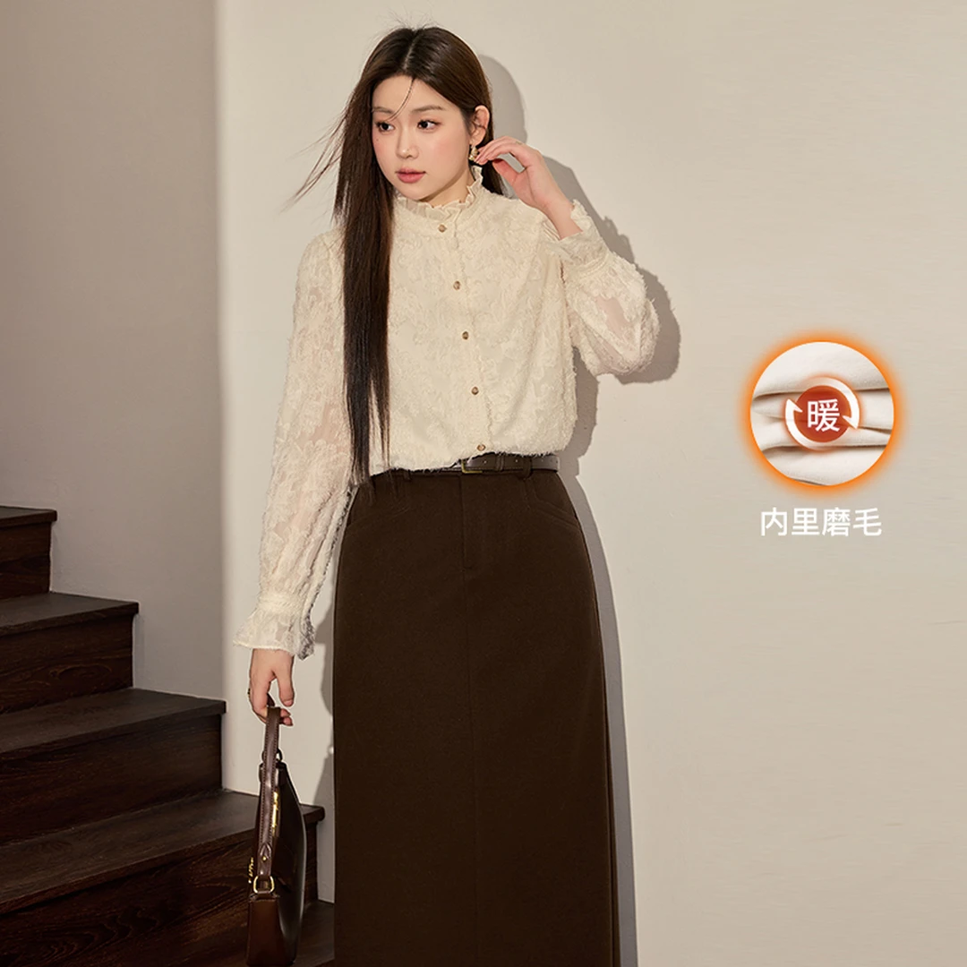 蓝语大码女装胖mm法式厚款保暖磨毛衬衫上衣冬季显瘦气质长袖