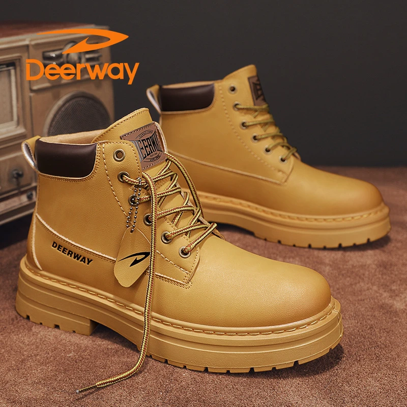Deerway/德尔惠冬款潮流百搭厚底高帮马丁靴男士复古英伦风大黄靴