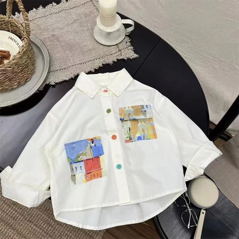 2025春季儿童小清新衬衫彩色纽扣衬衣中小童洋气绘画兜兜外套
