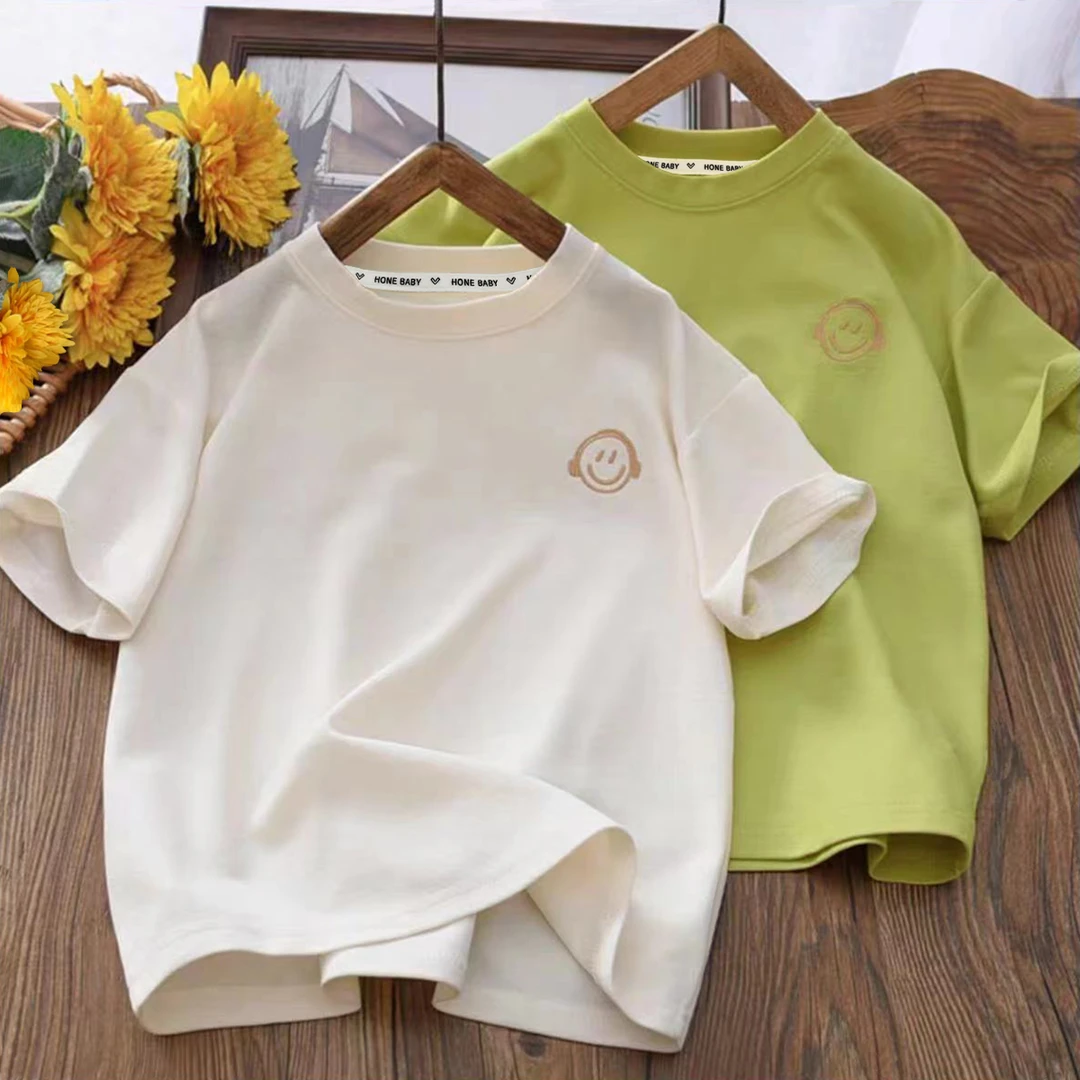 儿童休闲圆领短袖T恤笑脸刺绣男童婴儿中大童宝宝半袖洋气上衣
