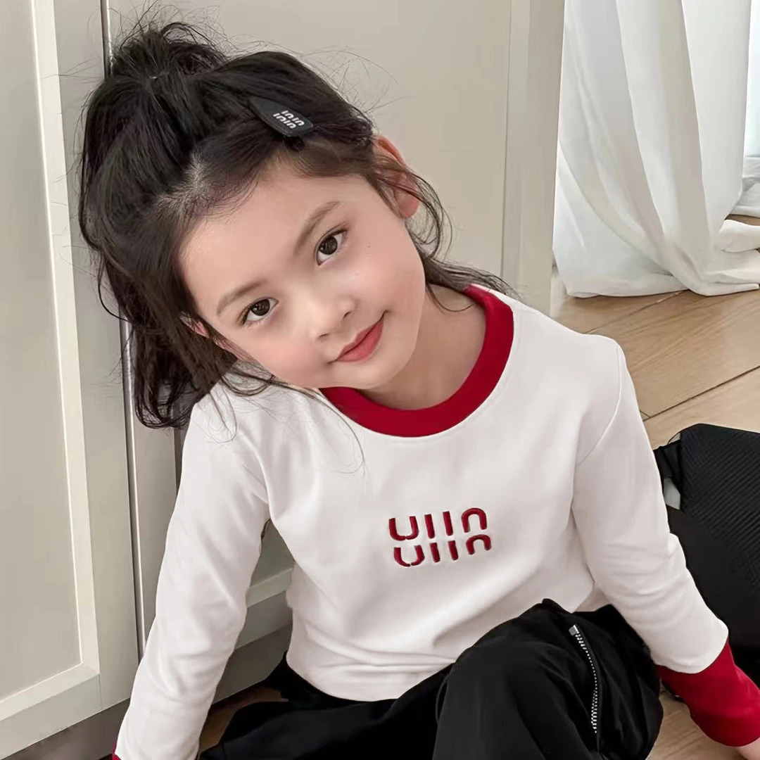 刺绣.女童长袖中小童纯色外穿百搭打底衫潮流修身短款撞色上衣