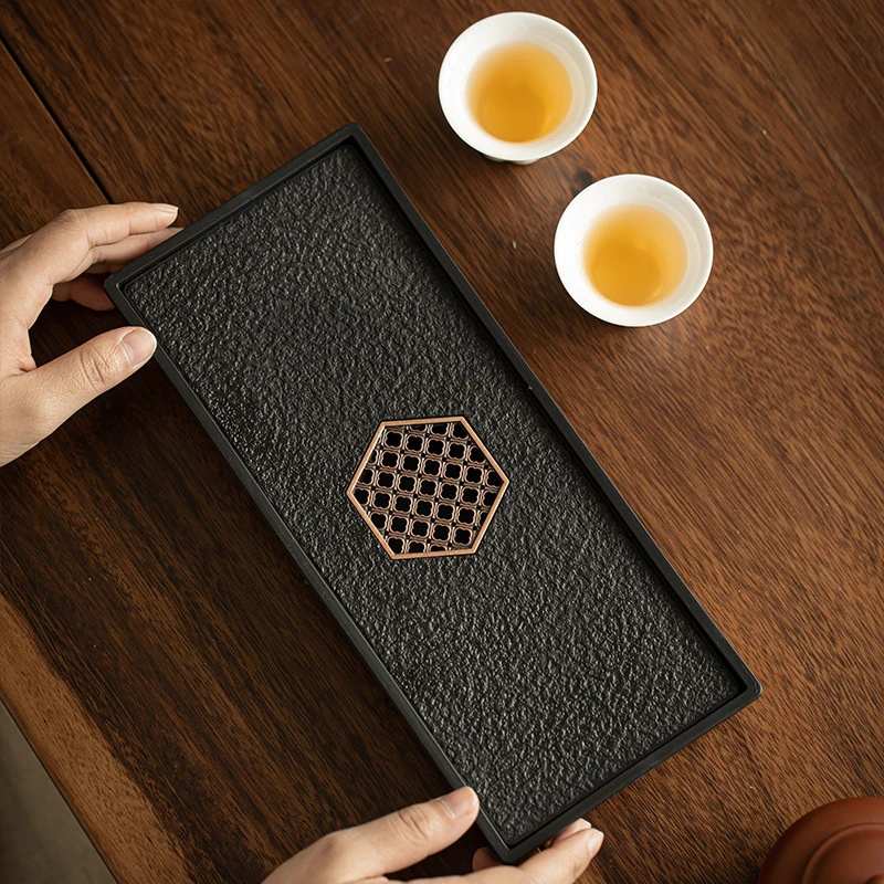 轻奢家用仿乌金瓷石茶盘茶具小型茶台储水排水式干泡台乌金石茶盘