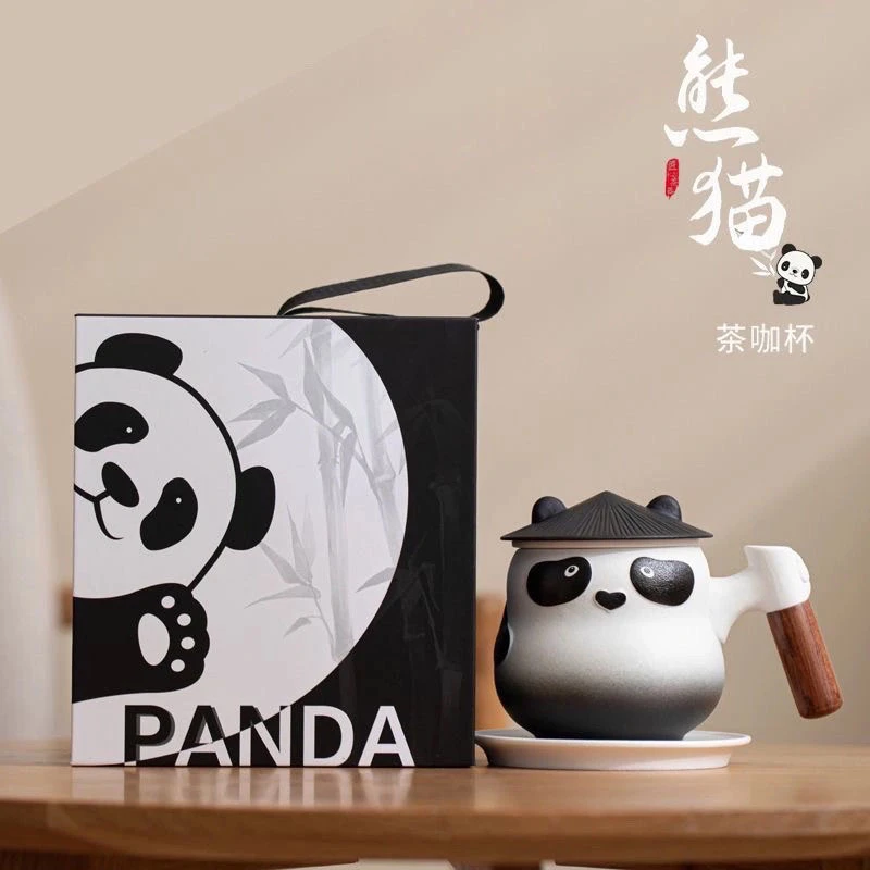 定制熊猫水杯陶瓷马克杯创意带盖过滤办公室茶水分离可爱茶杯杯子