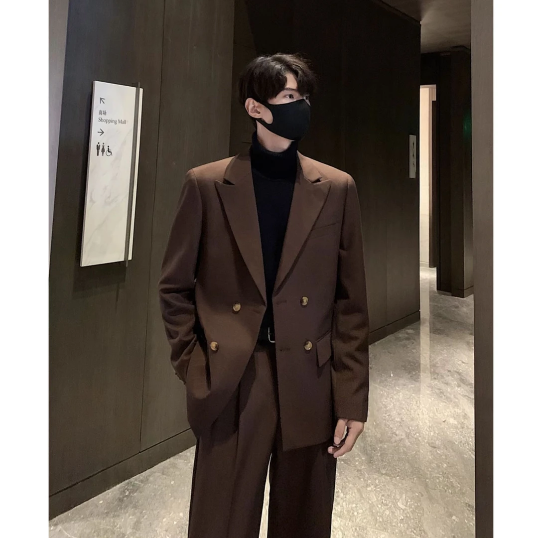 轻熟风条纹秋冬西服套装男宽松休闲韩版小西装网红痞帅西装男士