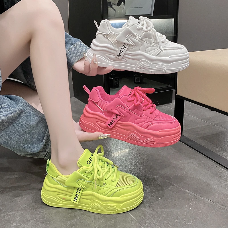 荧光绿老爹鞋女夏季透气2024新款厚增高镂空网面运动鞋夏款小白鞋