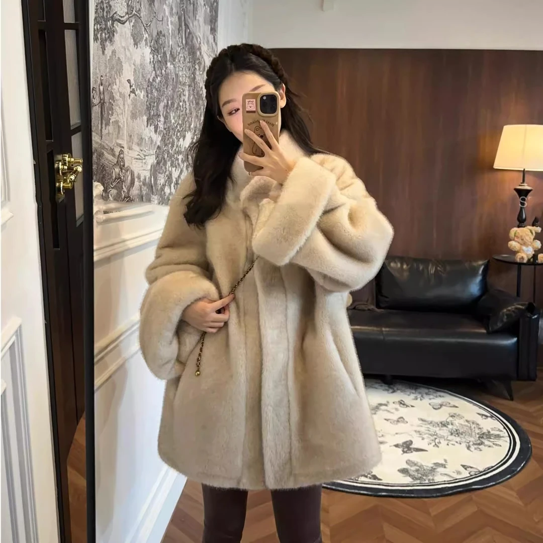 毛毛外套女2025秋冬新款韩版中长款立领挽袖宽松环保皮草皮毛一体