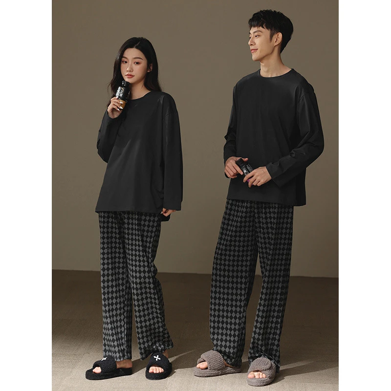 新款情侣睡衣2023年男女春秋款纯棉圆领长袖深灰格子裤家居服套装