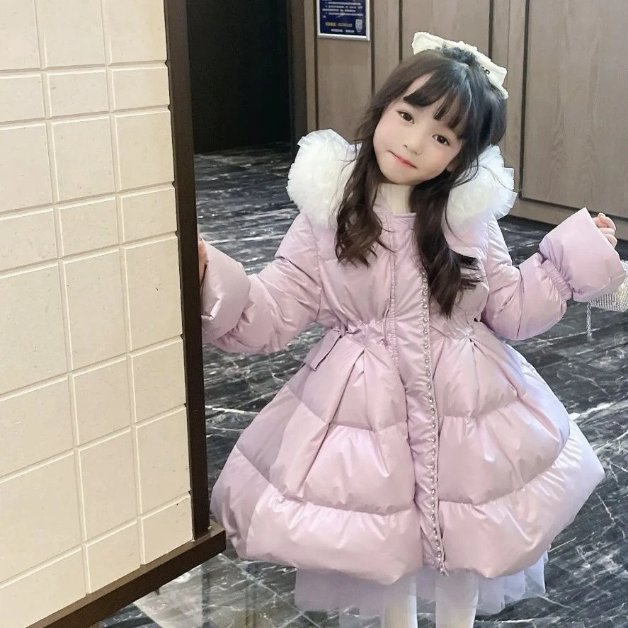 女童新款棉衣中大童收腰中长款公主裙 儿童外套冬季棉袄保暖棉服