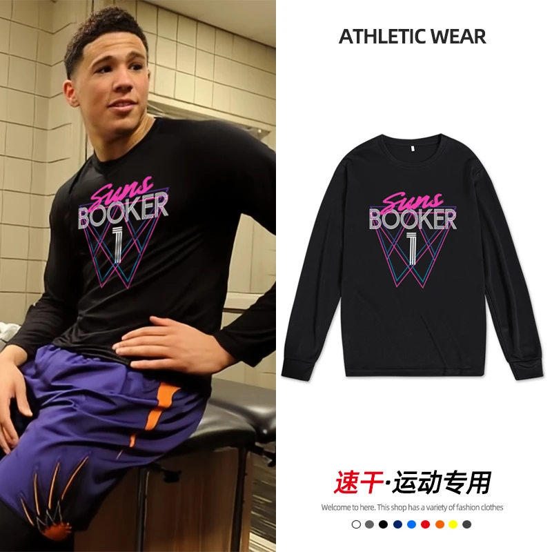 太阳队布克运动T恤长袖速乾透气秋冬美式投篮训练服篮球球衣宽松