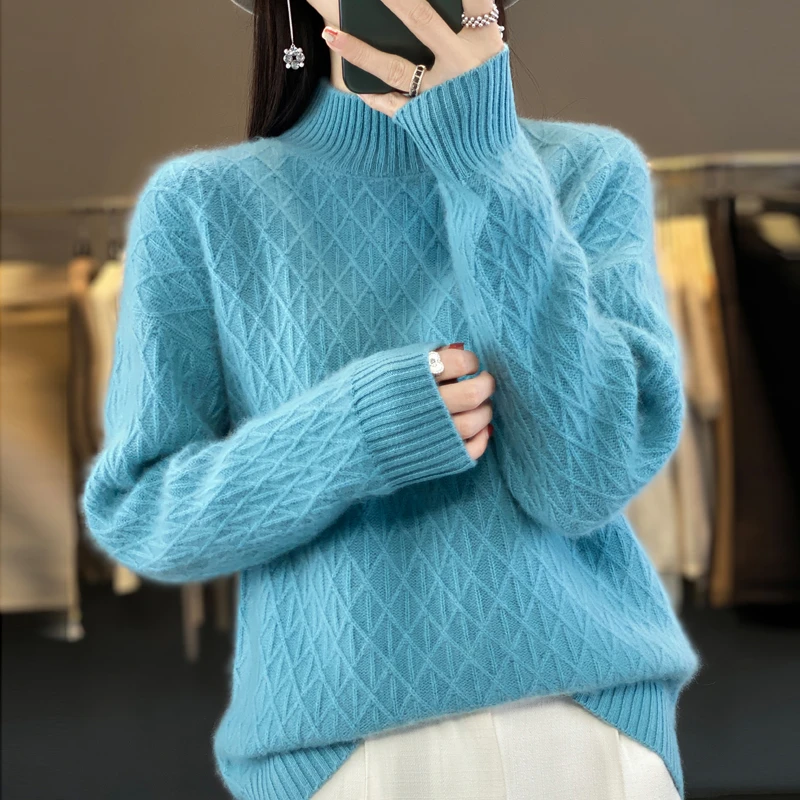 新款羊 绒衫女秋冬半高领套头针织衫羊毛毛衣