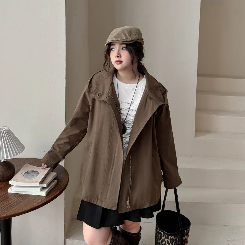 CC6305大码女装【气质高级感风衣】2024秋冬款宽松廓形休闲连帽外套