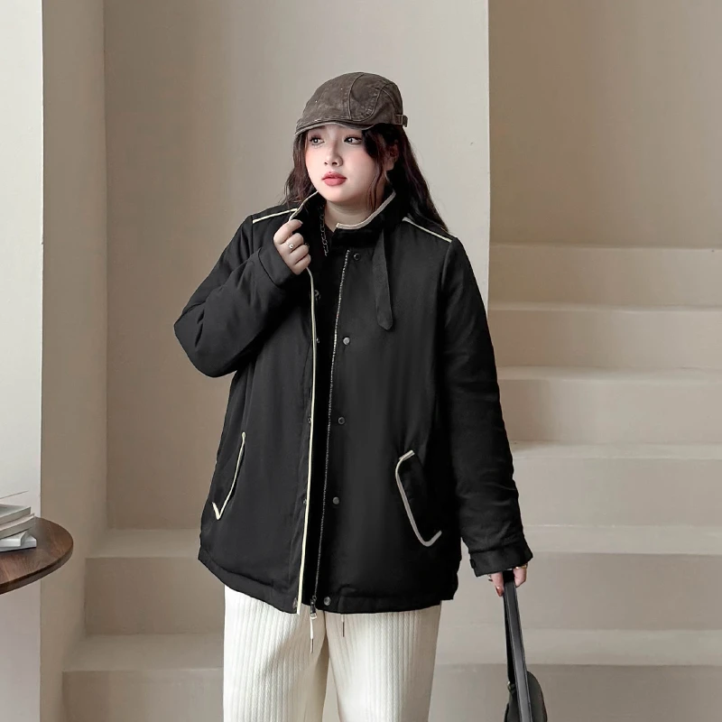 BD4219大码女装【工装夹克棉衣】秋冬撞色装饰立领休闲保暖夹棉外套