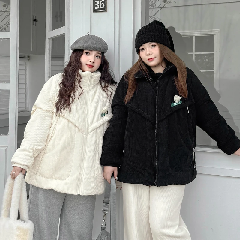 BD4075大码女装【潮牌小熊棉服】秋冬穿搭坑条加厚立领保暖棉衣外套