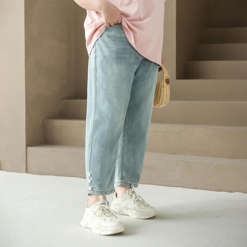 CX5619【三种裤长选】复古高腰九分牛仔裤夏季纽扣设计大码直筒裤子