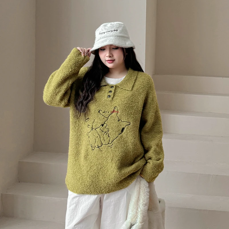 CC6310大码女装【趣味小猫】刺绣圈圈纱秋冬polo领长袖显瘦保暖毛衣