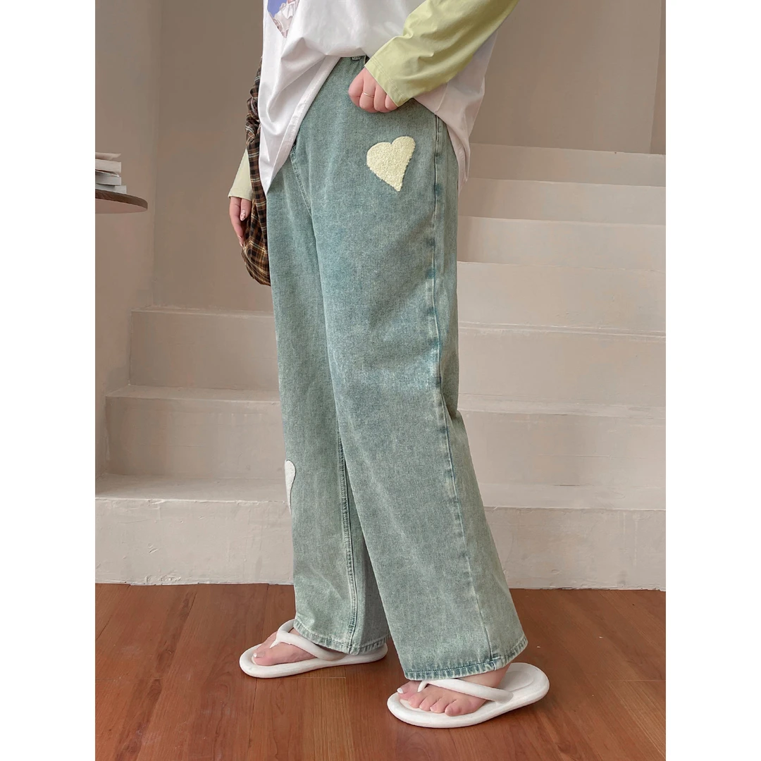 CC5117大码女装【三种裤长选】爱心毛巾绣百搭秋季高腰阔腿牛仔裤子