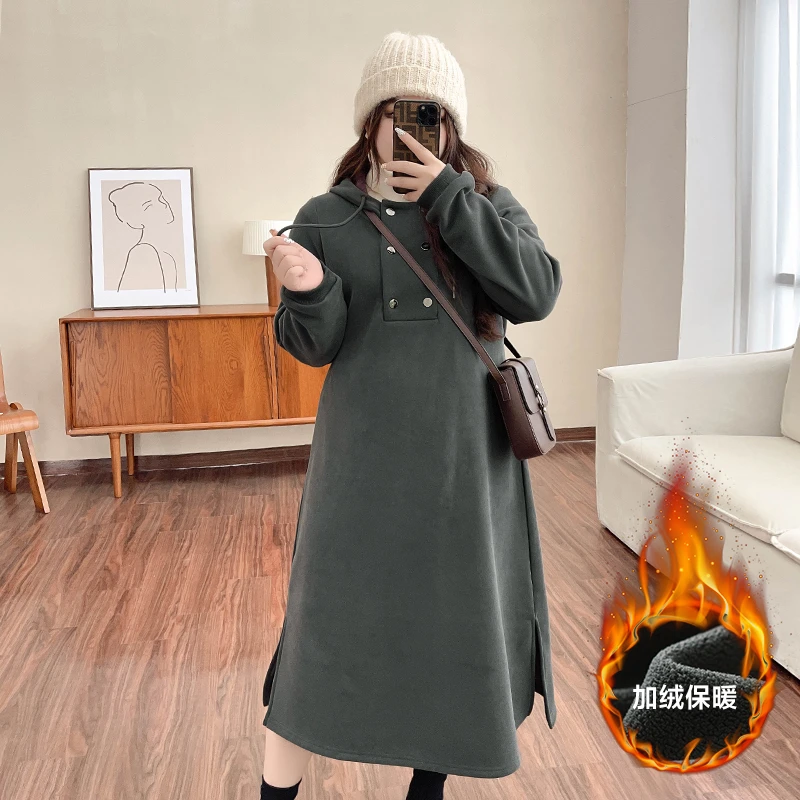 BD4166【暖冬卫裙】双排扣设计开叉裙摆秋冬大码加绒连帽卫衣连衣裙