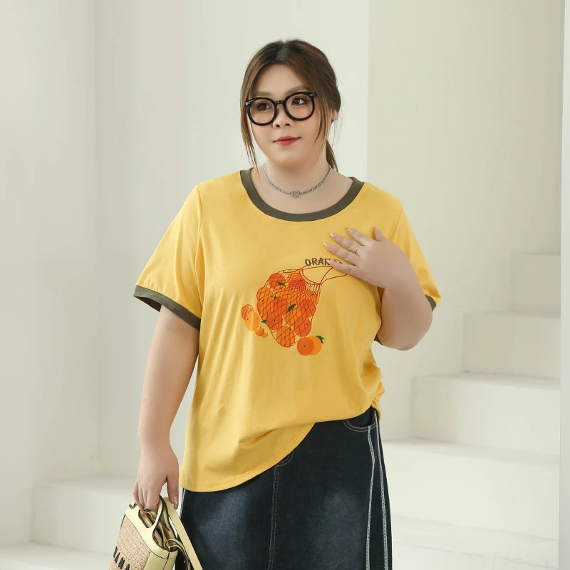 CX5633【甜美水果T】撞色圆领橘子印花T恤200斤大码夏季显瘦上衣女