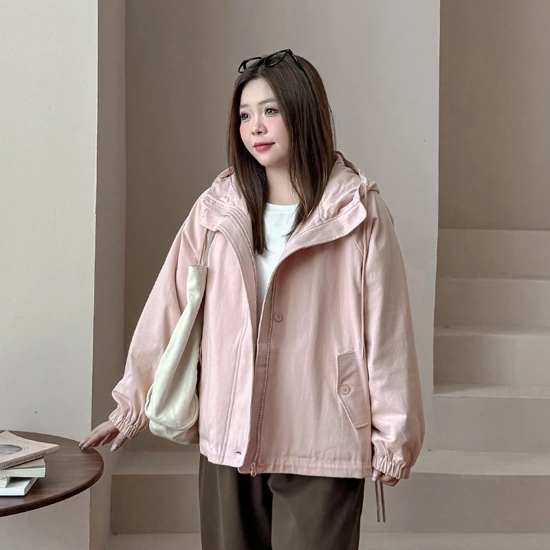 CC6406大码女装【潮牌保暖棉衣】秋冬连帽休闲抽绳下摆加厚夹棉外套