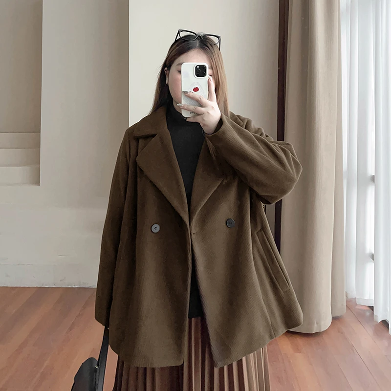 CD6493大码女装【美拉德穿搭】气质秋冬斜纹呢宽松保暖夹棉毛呢外套