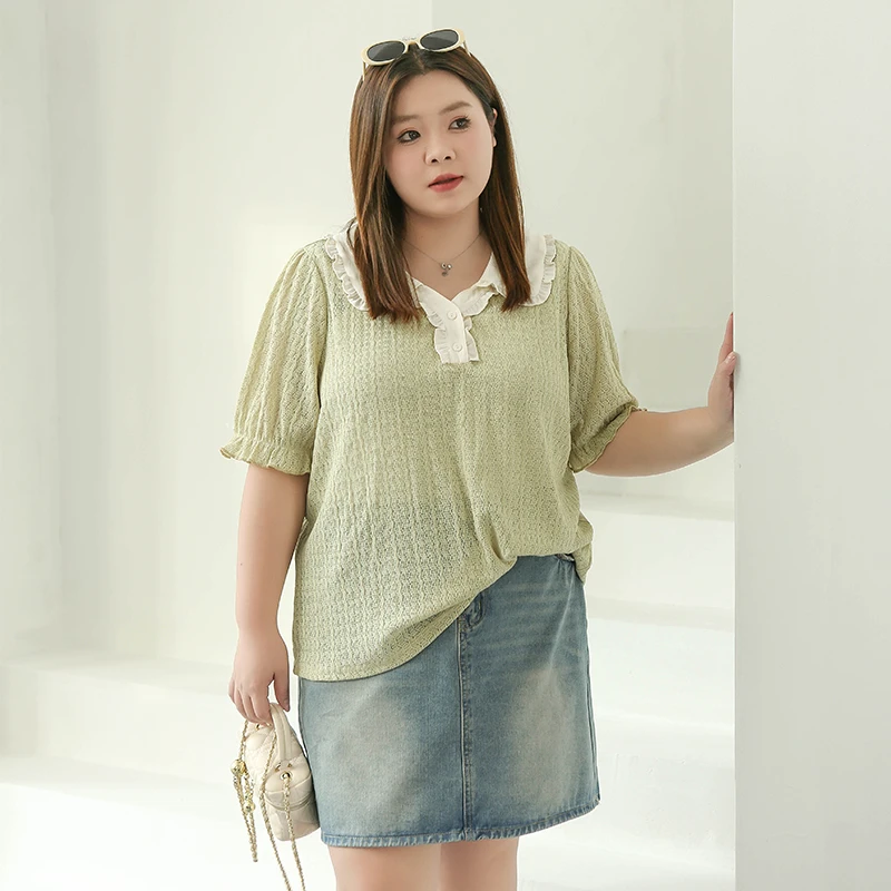 CX5745【韩系减龄小衫】胖mm夏季肌理感撞色娃娃领镂空针织T恤上衣