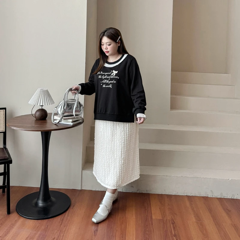 CC6369大码女装【灵动气质套装】2024秋冬圆领蝴蝶结卫衣肌理感半裙