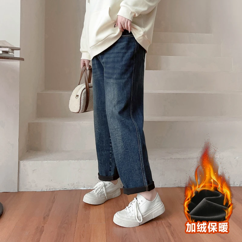 CD6573大码女装【三种裤长选】高腰牛仔裤秋冬季加绒保暖直筒铅笔裤