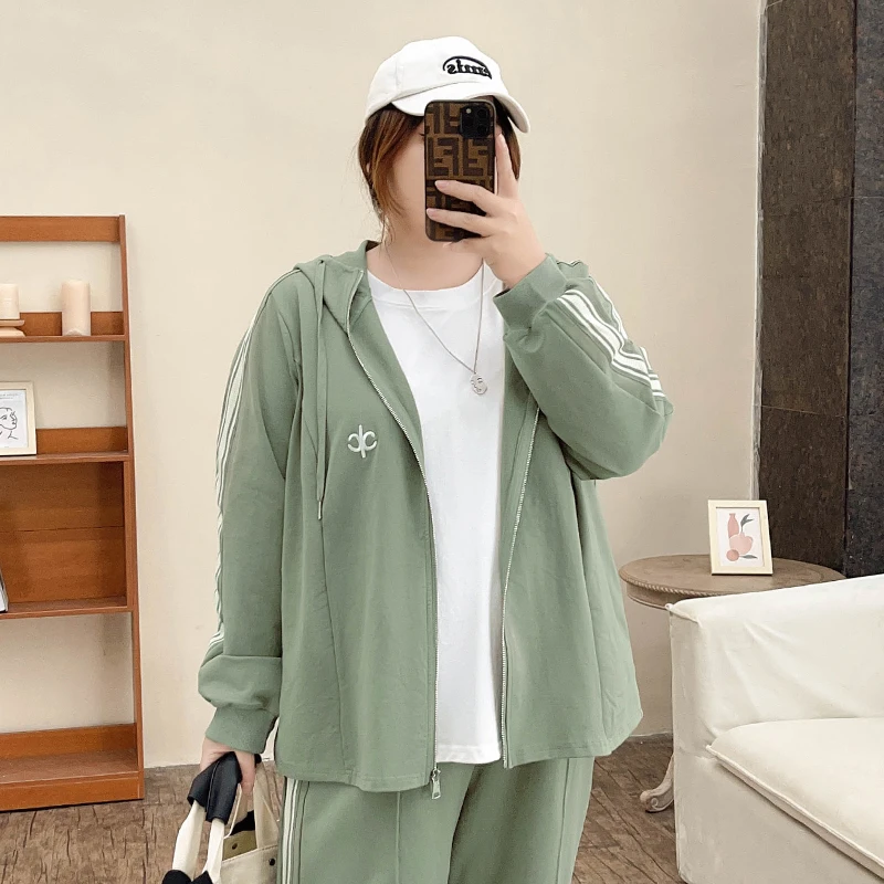 B3039【秋日的慵懒】胖mm韩版学院风刺绣连帽卫衣卫裤运动休闲套装
