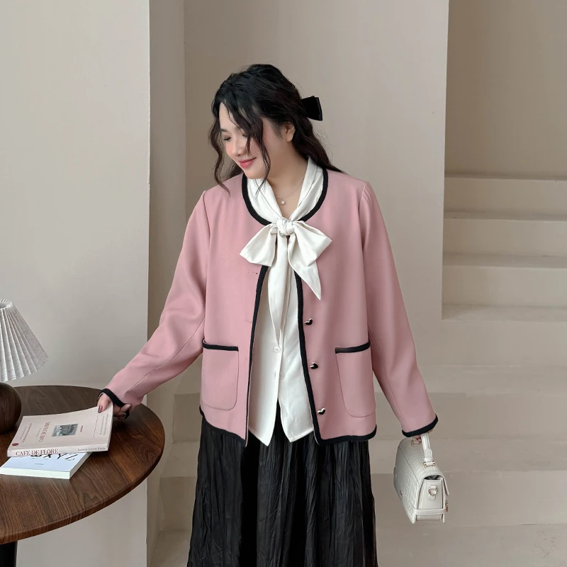 CC5085大码女装【小香风外套】圆领拼接爱心纽扣2024秋冬季气质上衣