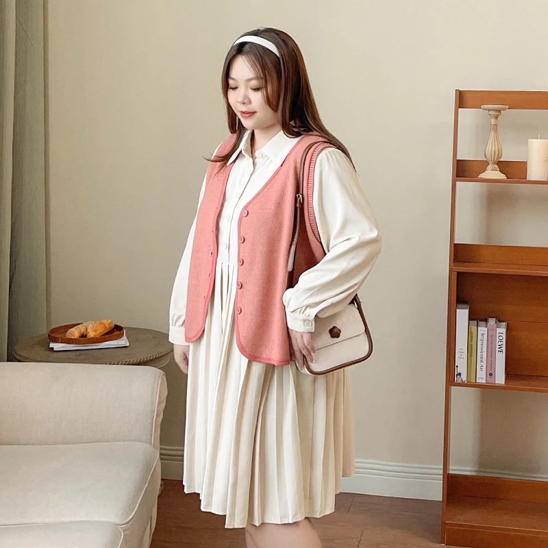 22027【盐系显瘦套装】胖mm秋季新款斜纹磨毛背心马甲百褶连衣裙