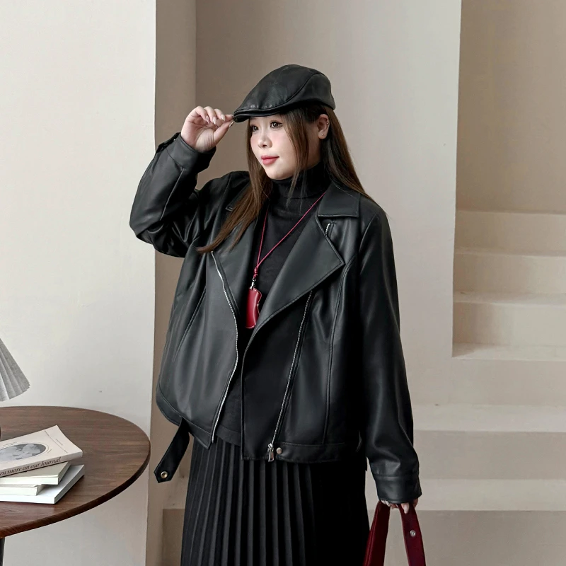 CC6391G大码女装【酷枫机车皮衣】2024秋宽松休闲港风短款夹克外套