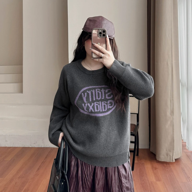 CD6423大码女装【慵懒复古毛衣】秋冬新款圆领印花开叉保暖针织上衣