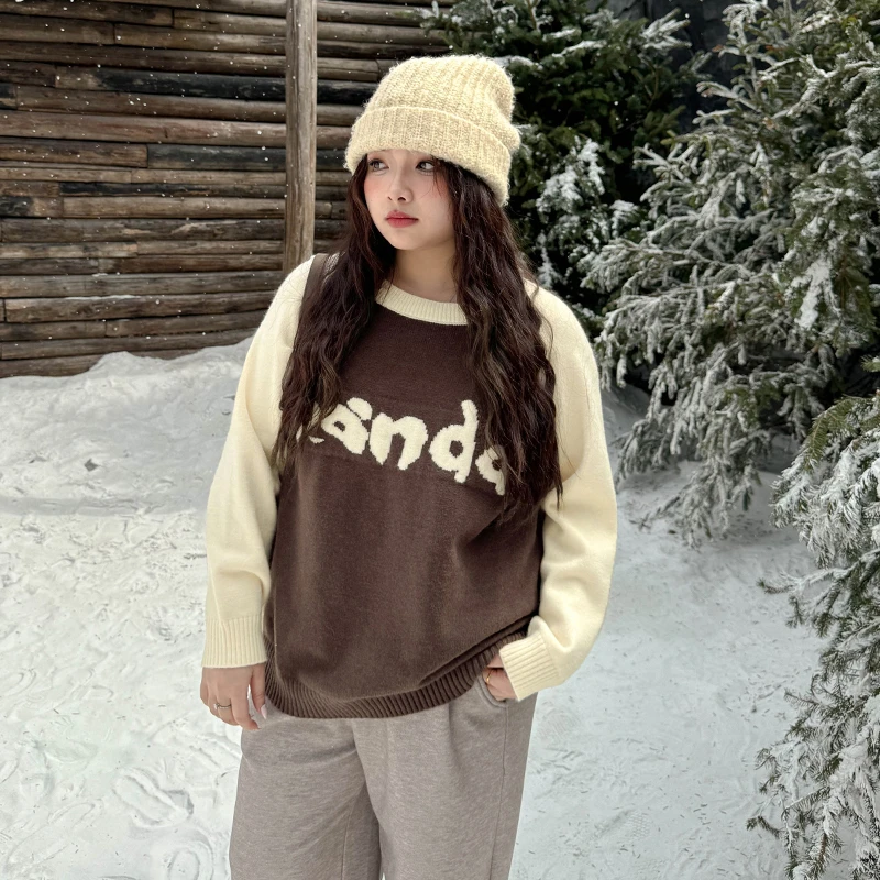 BD4363大码女装【美拉德温柔毛衣】插肩袖字母提花秋冬宽松保暖上衣