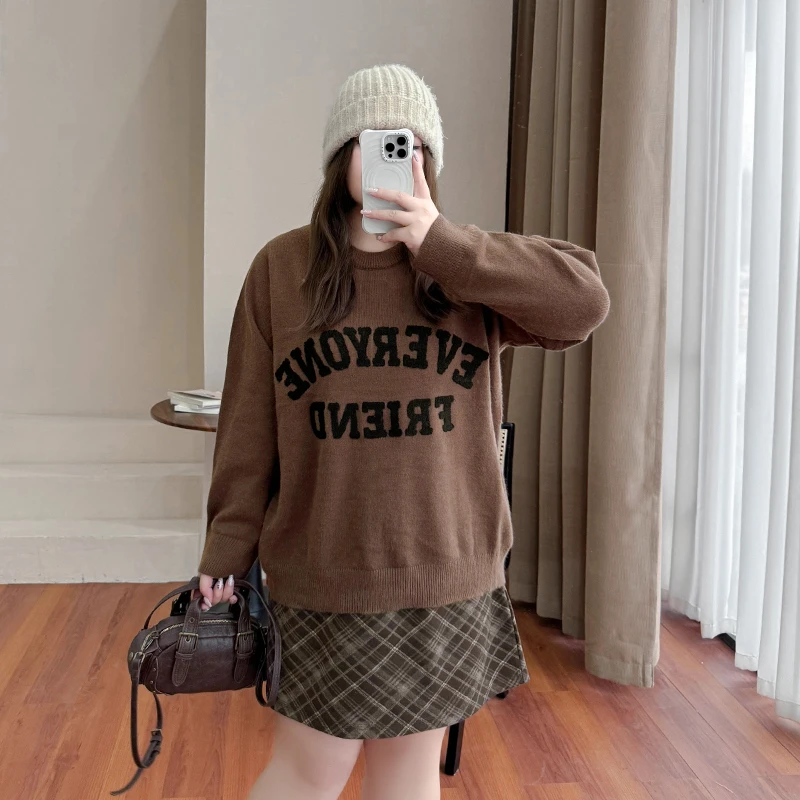 WQ0081大码女装【绝美学院风套装】秋冬复古长袖保暖毛衣格纹半身裙